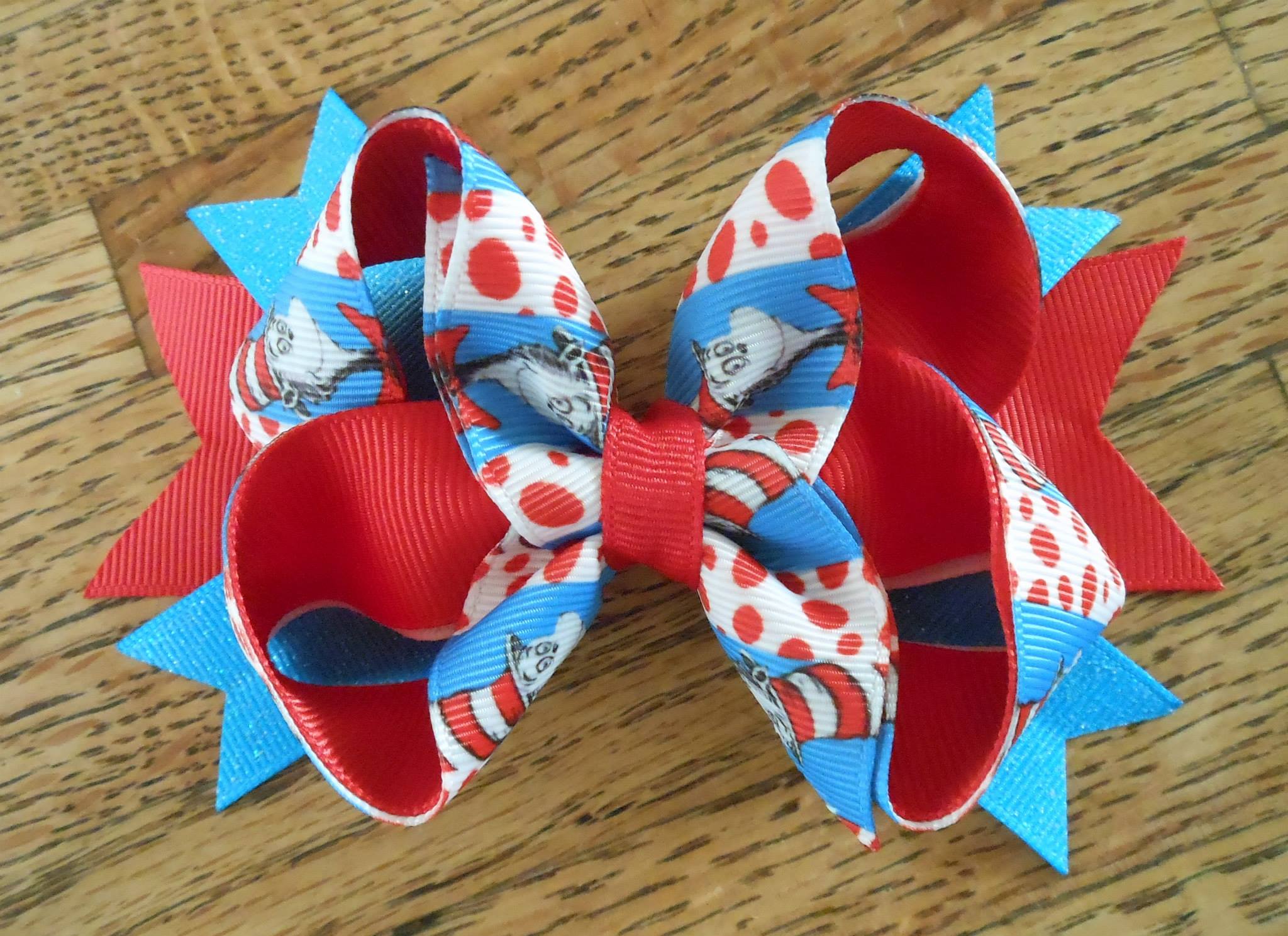 5” Red /Blue Cat In The Hat Stacked Boutique Hair Bow